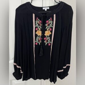 Sweet Salt Black Floral Embroidered Long Sleeve Blouse Women's Size XS